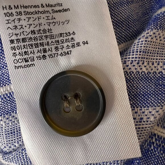 H&M Skirt Size Large Blue & White Linen Blend Striped Faux Buttons Belted Mini - Picture 14 of 16